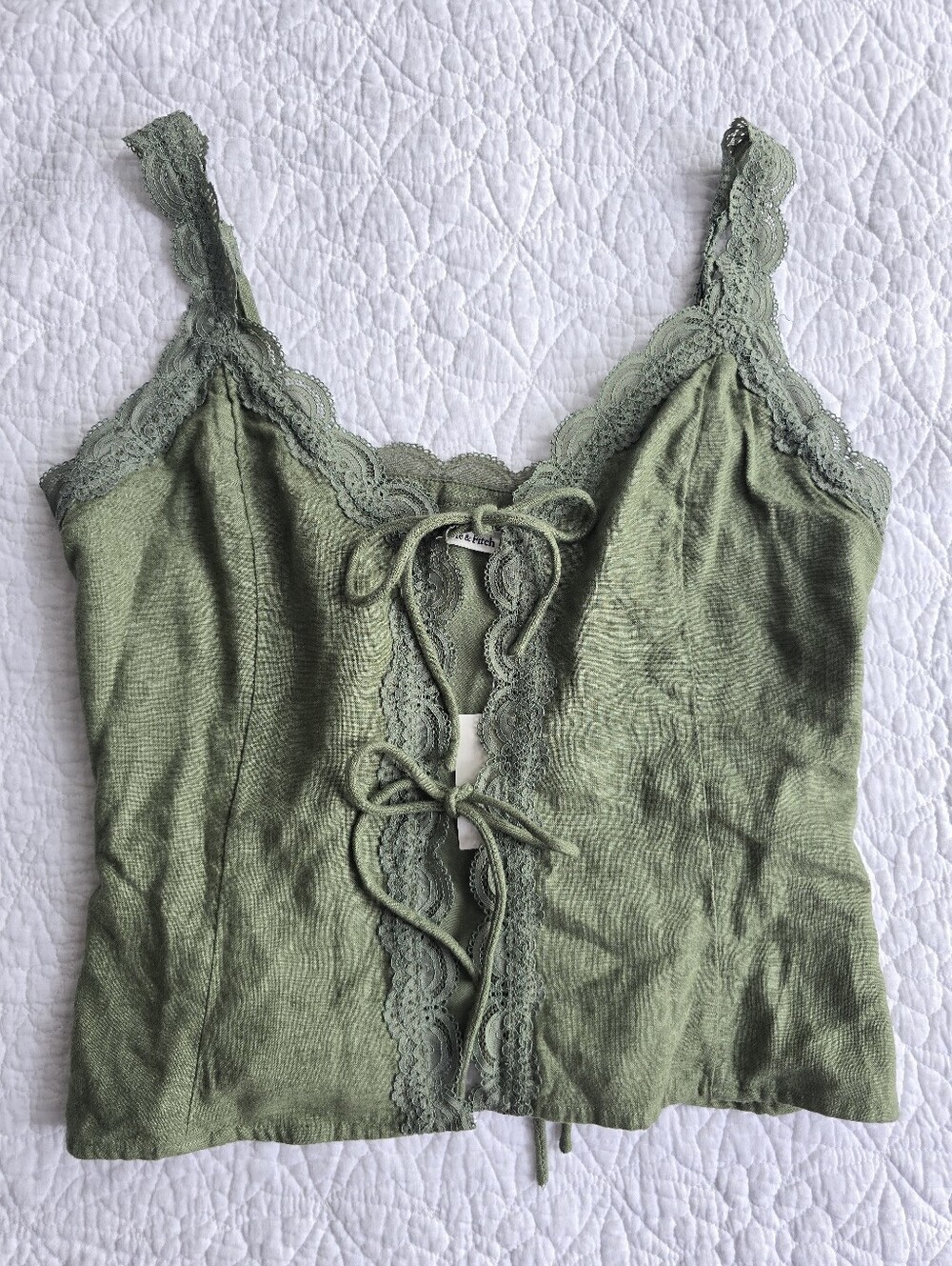 Abercrombie & Fitch Lace-Trim Tie Front Linen Blend Peplum Cami Top Green - Picture 1 of 12